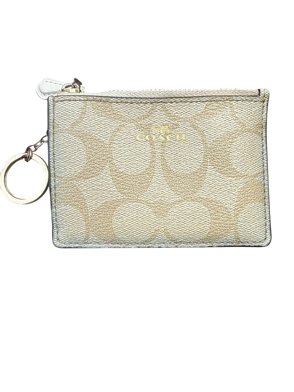 Coach Beige/Tan Signature Zip Card Case with Keyring